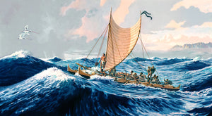 Painting titled "Discovery of Hawaiʻi" by Herb Kawainui Kane; a Polynesian double-hulled canoe sailing over large ocean waves, with a volcanic eruption on a nearby island in the background.